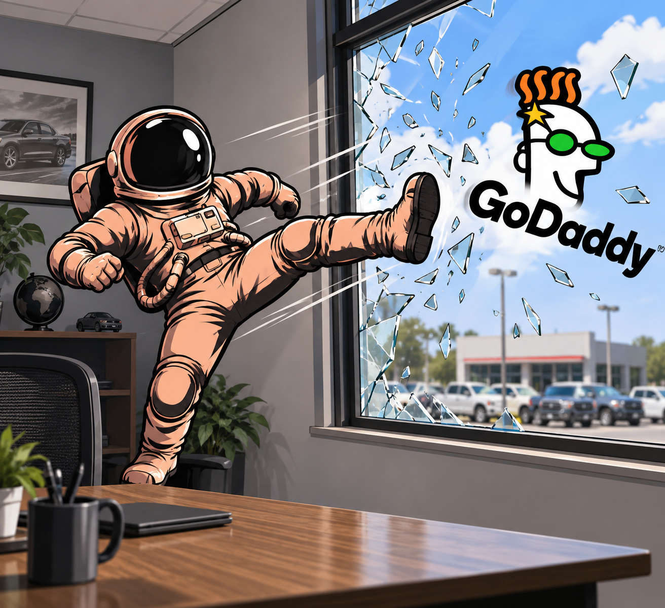 Trinity Solutions astronaut mascot Georgie kicking GoDaddy out through an office window — GoDaddy Microsoft 365 defederation in North Carolina